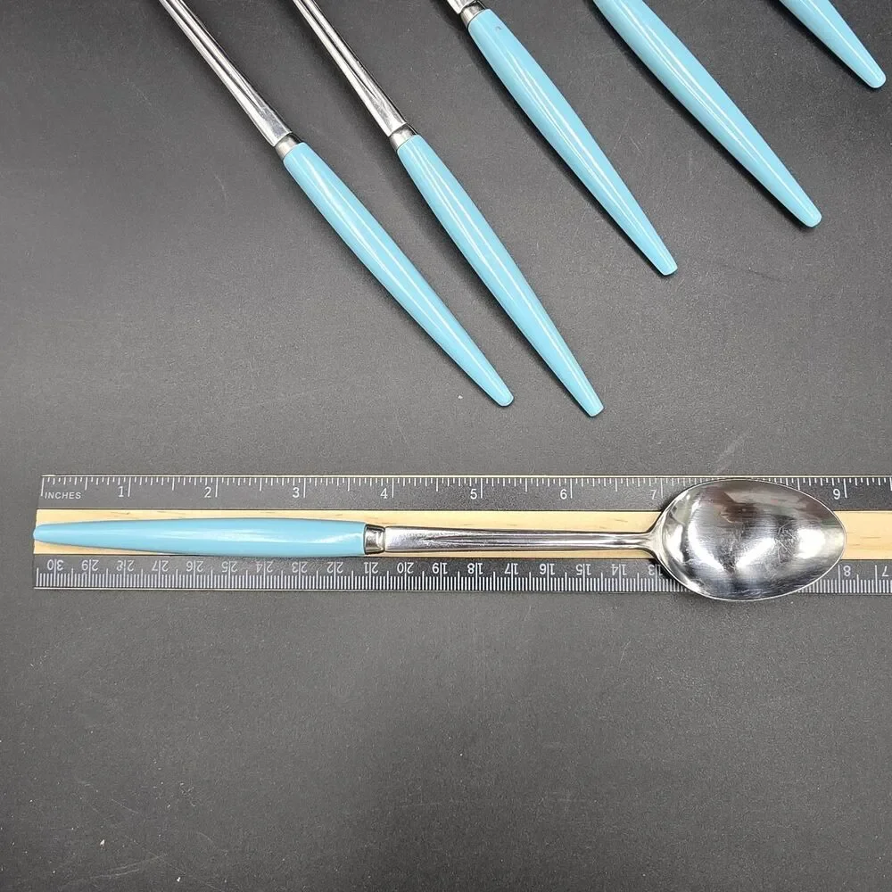 Vintage MCM Castle Stainless Steel Iced Tea Spoons Set of 7 Turquoise Japan